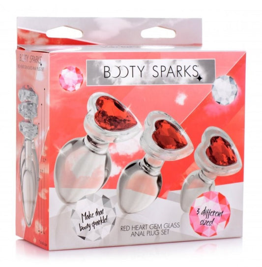 Booty Sparks Red Heart Gem Glass Anal Plug Set - Butt Plugs