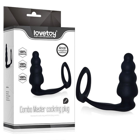 Combo Master Cockring Plug Black - Stretchy Cock Rings