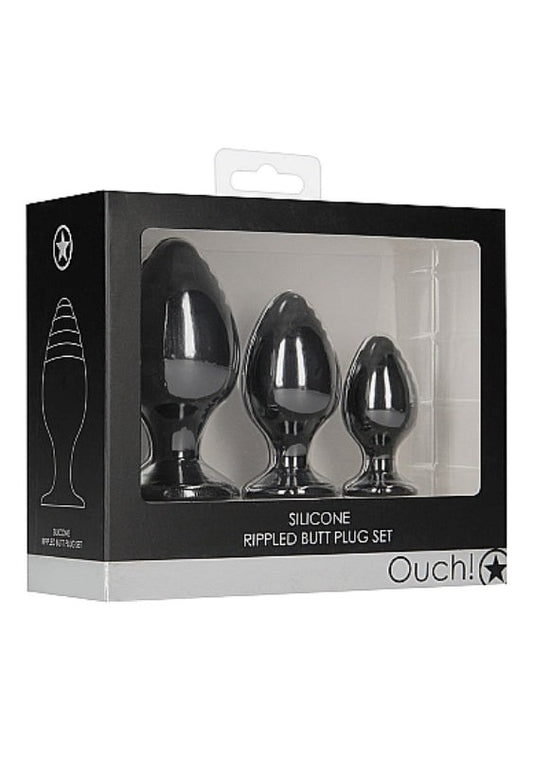 Ouch! Rippled Pleasure Plug - Sensational 3-Piece Set - Butt Plugs