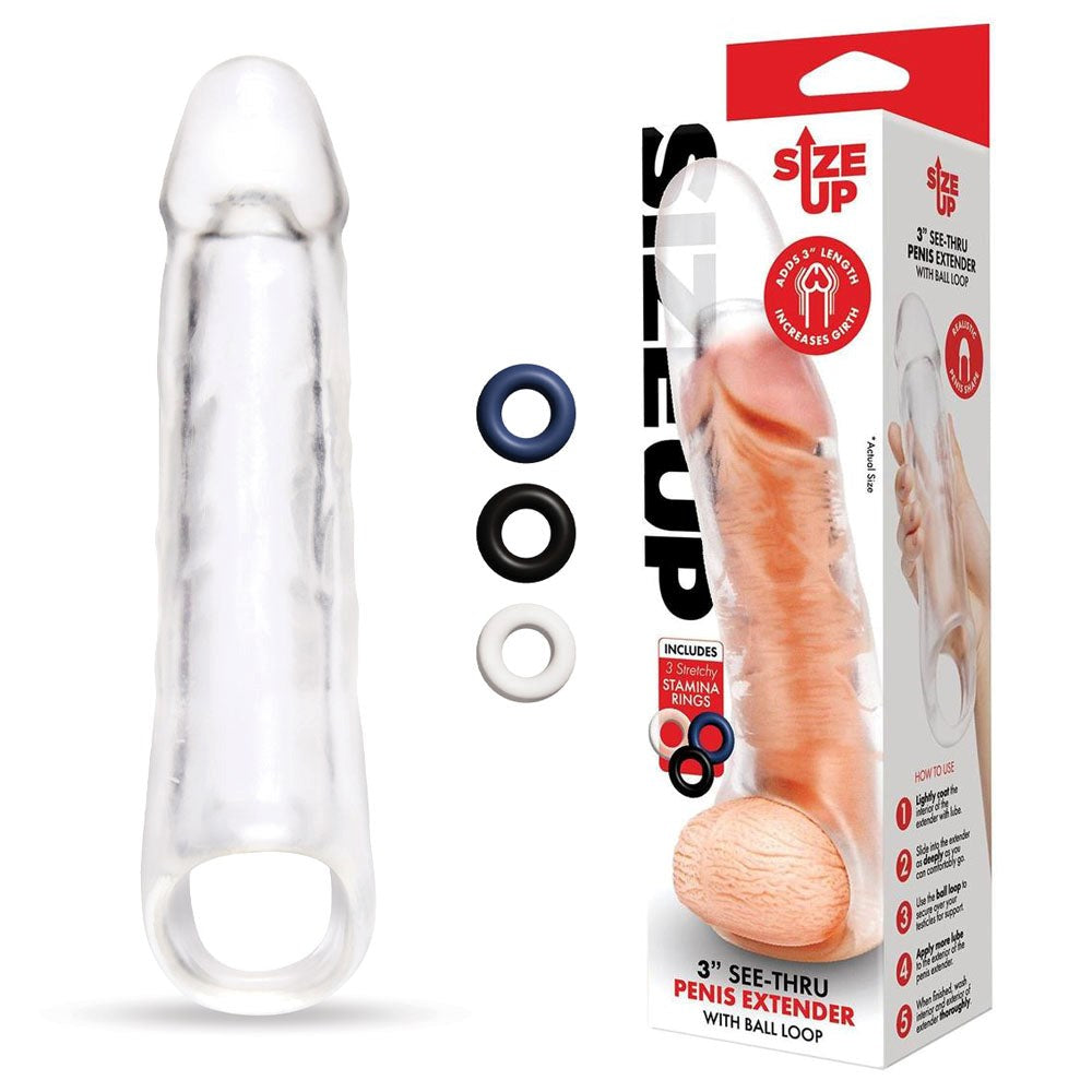Size Up 3 Inch See-Thru Penis Extender with Ball Loop - - Pumps, Extenders and Sleeves
