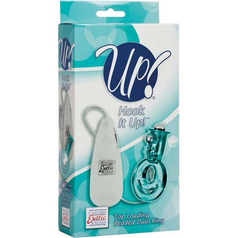 Up! Hook It Up Top Loading Beaded Dual Cock Ring Teal - Cock Rings
