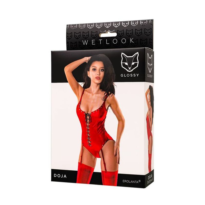 Glossy Doja Sexy Womens Bodysuit With Garter Strap Red - - Teddies and Bodysuits