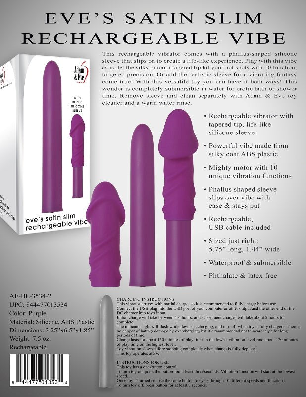 Adam and Eve Eve's Satin Slim Rechargeable Vibe - Personal Massagers