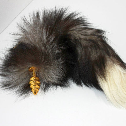 Black & White Faux Fox Tail & Gold Butt Plug - Steel Sex Toys