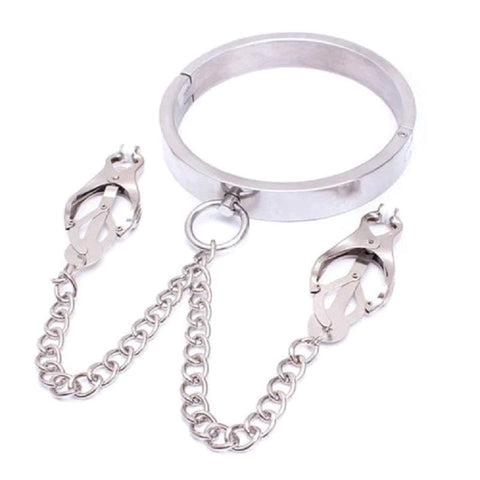 Dominate Your Desires - Breast Teasing Metal Collar & Clover Clamps - Collars and Leads