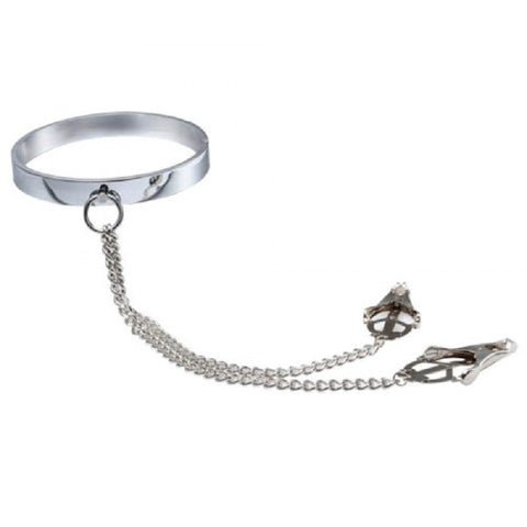 Dominate Your Desires - Breast Teasing Metal Collar & Clover Clamps - Collars and Leads