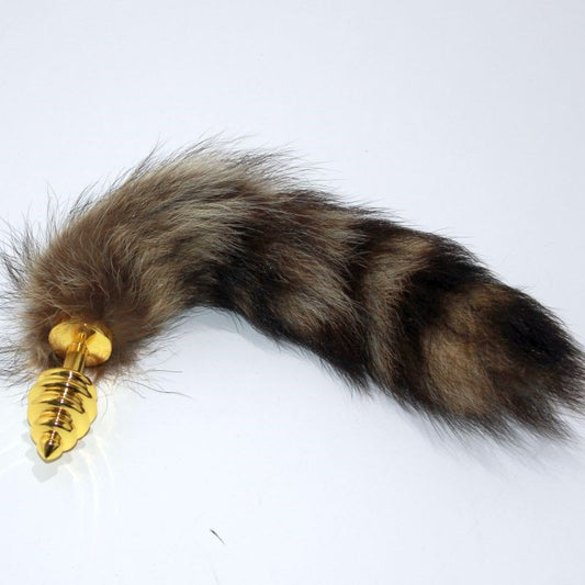 Brown Faux Fox Tail Gold Ribbed Butt Plug - Steel Sex Toys