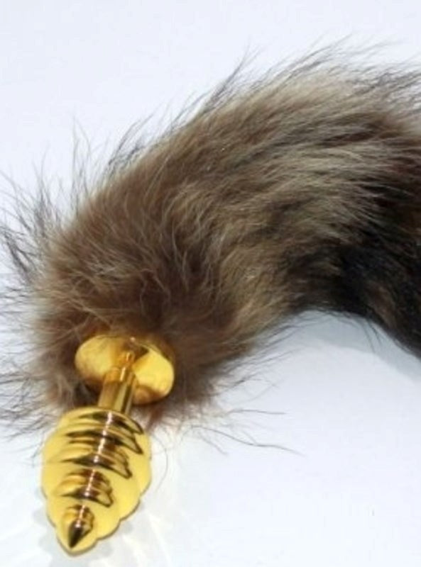 Brown Faux Fox Tail Gold Ribbed Butt Plug - - Steel Sex Toys