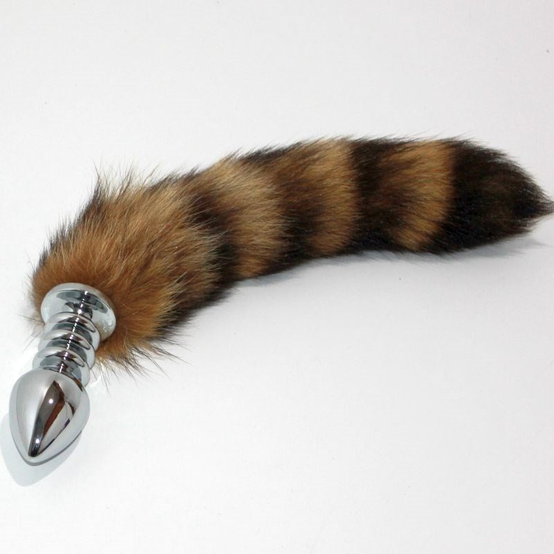 Brown Faux Fox Tail Ribbed Silver Butt Plug - - Steel Sex Toys