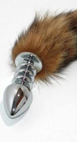 Brown Faux Fox Tail Ribbed Silver Butt Plug - Steel Sex Toys