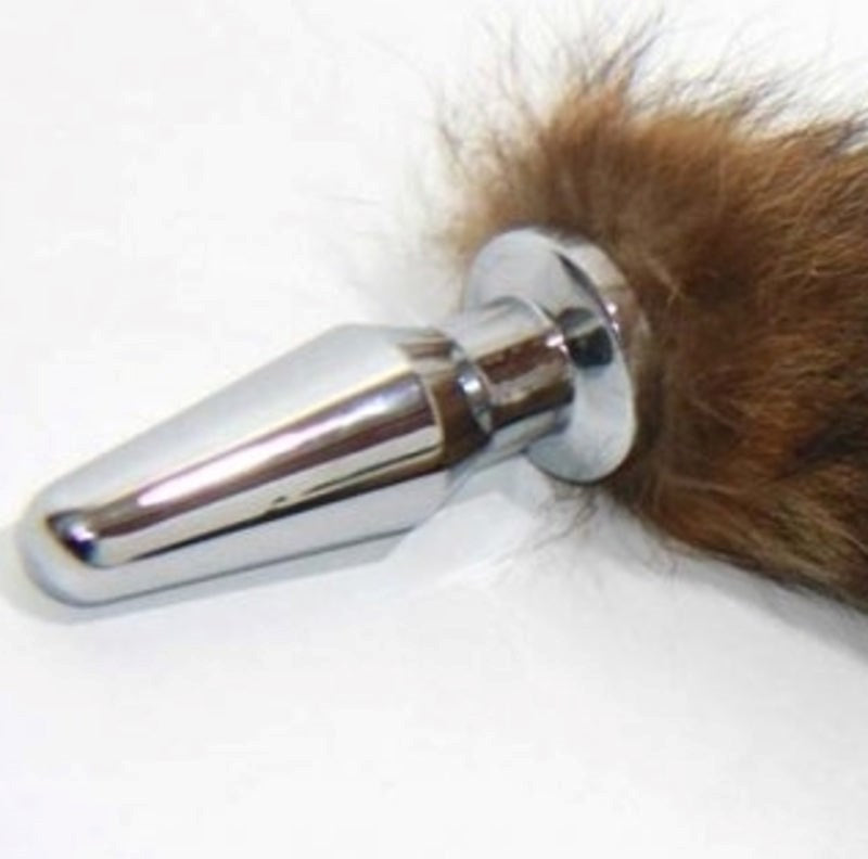 Brown Faux Fox Tail Silver Long Butt Plug - - Steel Sex Toys