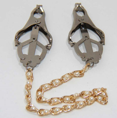 Cripple Nipple Clover Clamps Pearls & Chain - Breast and Nipple Toys