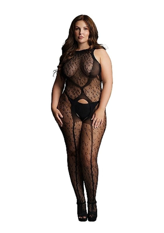 Crotchless Leopard Bodystocking Black Queen Size - - Body Stockings