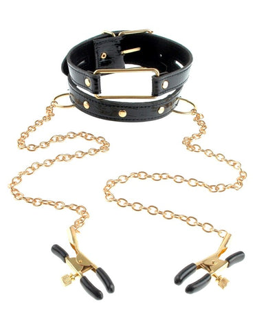 Fetish Fantasy Gold Collar and Nipple Clamps Black - Nipple and Clit Clamps