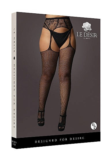 Fishnet and Lace Garterbelt Stockings - Black - Hosiery