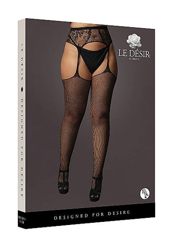 Fishnet and Lace Garterbelt Stockings - Black - Hosiery