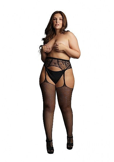 Fishnet and Lace Garterbelt Stockings - Black - Hosiery