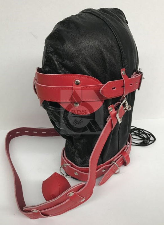 Hell Fire Slave Hood & Blindfold Faux Leather Black & Red - Bondage Hoods
