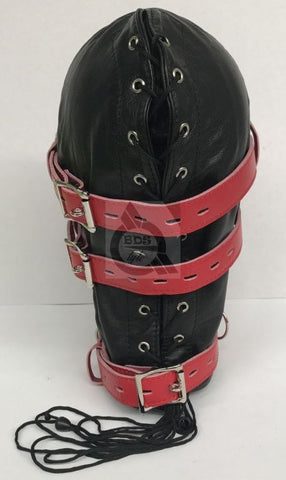 Hell On Fire Black With Red Slave Hood & Blindfold Leather - Bondage Hoods