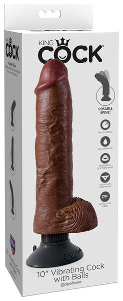 King Cock Vibrating Cock with Balls Brown 10 inch - - Realistic Dildos