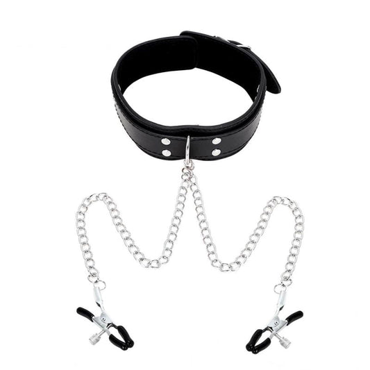 KinkCraft Slave Collar Leather and Nipple Clamps - Collars and Leads