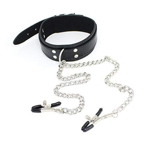 KinkCraft Slave Collar Leather and Nipple Clamps - Collars and Leads