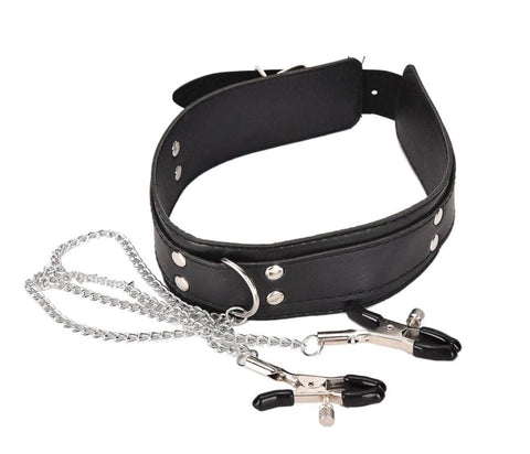 KinkyKandi Bondage Collar Black with Nipple Clamps - Collars and Leads