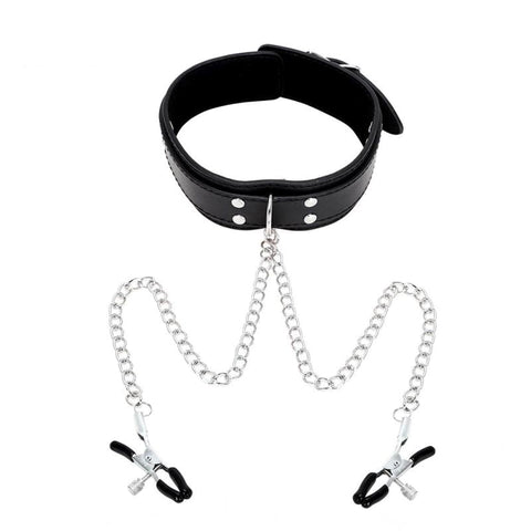 KinkyKandi Bondage Collar Black with Nipple Clamps - Collars and Leads