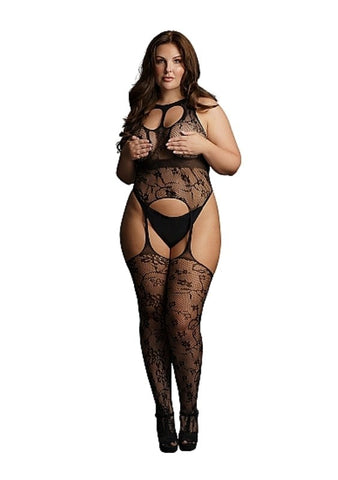 Lace Suspender Bodystocking with Round Neck Queen Size - Body Stockings