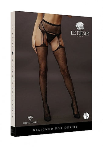 Le Desir Suspender Rhinestone Pantyhose - Black - Hosiery