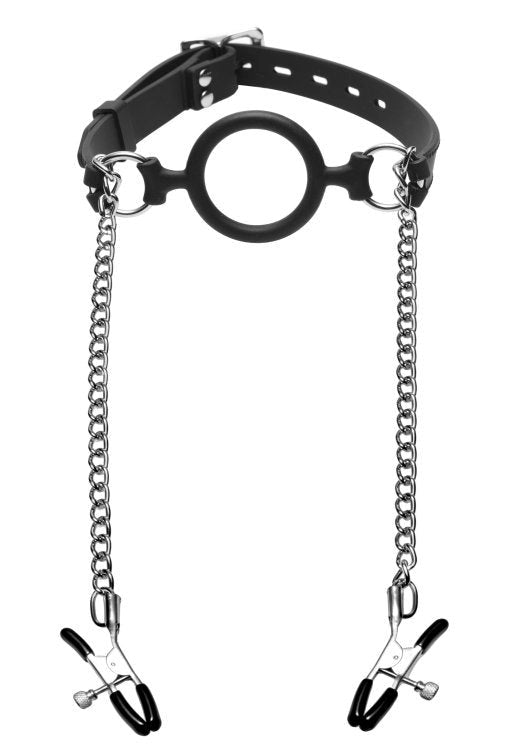 Mutiny Silicone O-Ring Gag With Nipple Clamps - - Nipple and Clit Clamps