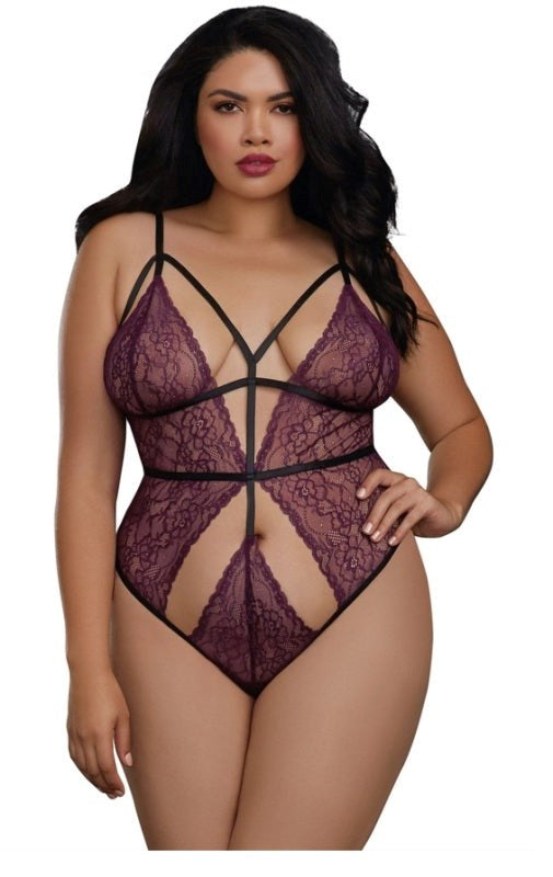 Plus Size Stretch Lace Teddy with Strappy Elastic Details - Babydolls and Chemises