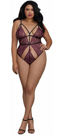 Plus Size Stretch Lace Teddy with Strappy Elastic Details - Babydolls and Chemises