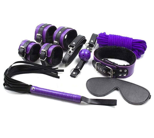 Purple And Black Fur Lined Bondage Kit 7 Piece - Bondage Kits