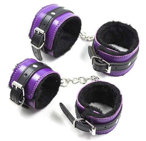 Purple And Black Fur Lined Bondage Kit 7 Piece - Bondage Kits