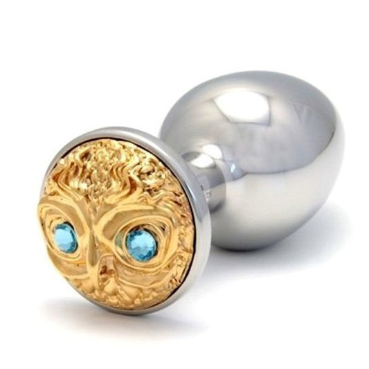 Rosebuds Luxe Owl Gold Medium Plug with Aquamarine Gems - Steel Sex Toys