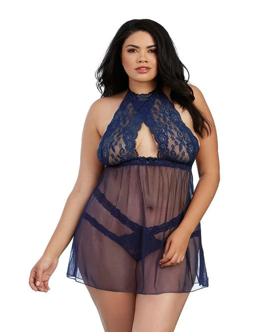 Stretch Lace and Mesh Babydoll with Matching Panty - Babydolls and Chemises