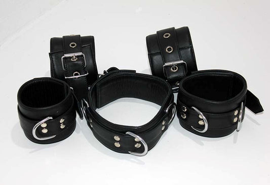 Submissive's Complete Black Leather Restraint Set - Cuffs and Restraints
