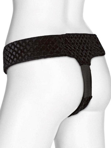 Vac-U-Lock EZ Rider Thong Velvet Harness with Plug Black - Strap On Sextoys