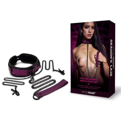 WhipSmart Dragons Lair - Collar Leash & Nipple Clips for Dominance & Submission - Breast and Nipple Toys