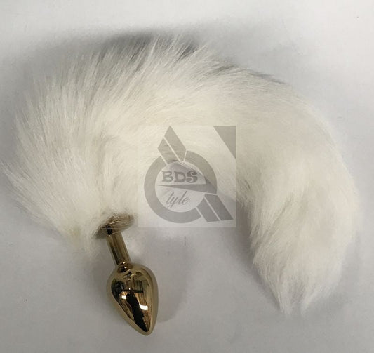 White Faux Fox Tail Steel Anal Plug Gold - Steel Sex Toys