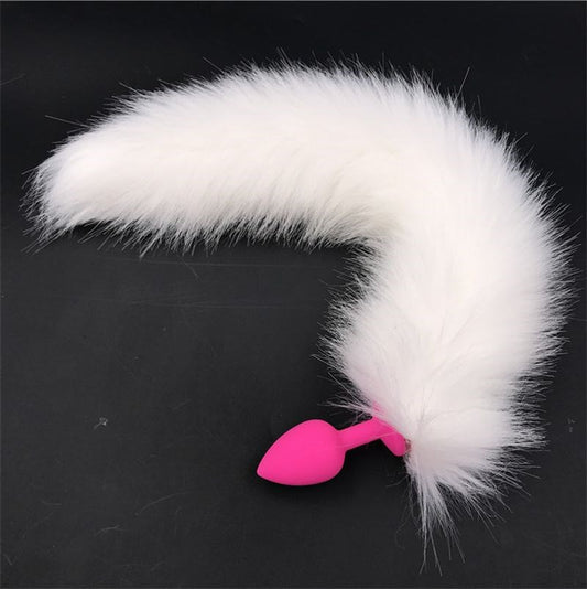 White Faux Fox Tail with Pink Silicone Butt Plug - Prostate Toys
