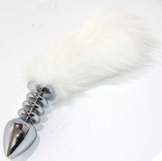 White Kitten Tail Silver Half Ribbed Butt Plug - Steel Sex Toys