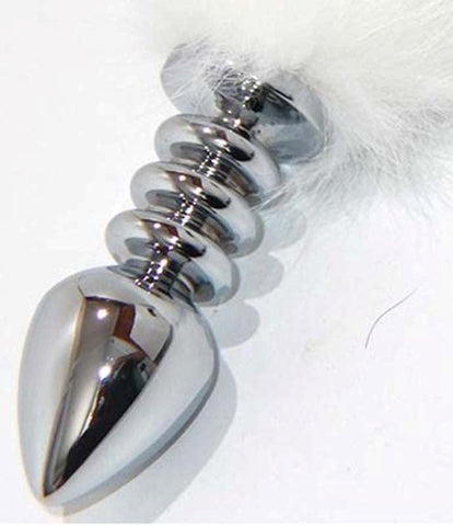 White Kitten Tail Silver Half Ribbed Butt Plug - Steel Sex Toys