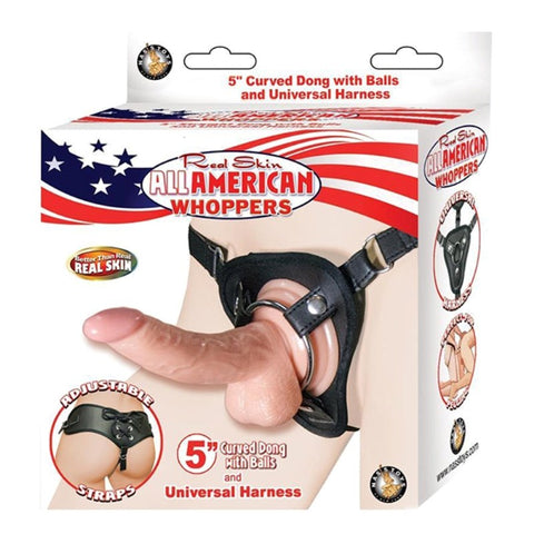 Whoppers 5" Curved Dong with Balls and Universal Harness - Strap On Sextoys