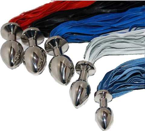 Butt Plug With Leather Whip Large Navy - Steel Sex Toys