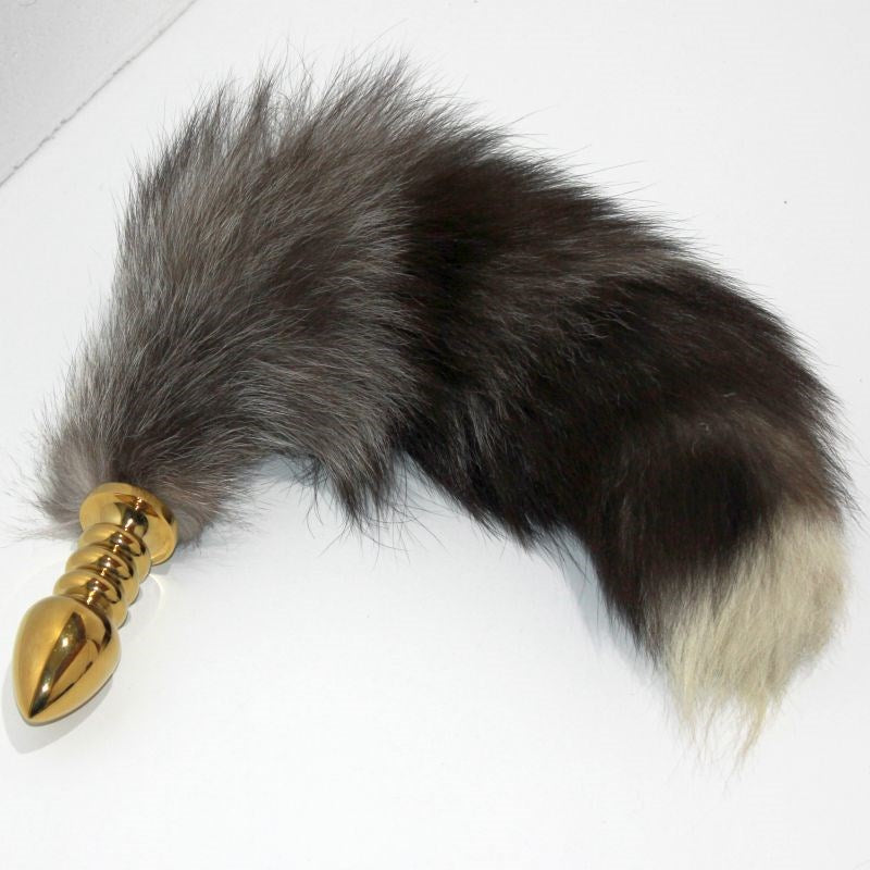 Faux Fox Tail Ribbed Gold Butt Plug Large - - Steel Sex Toys