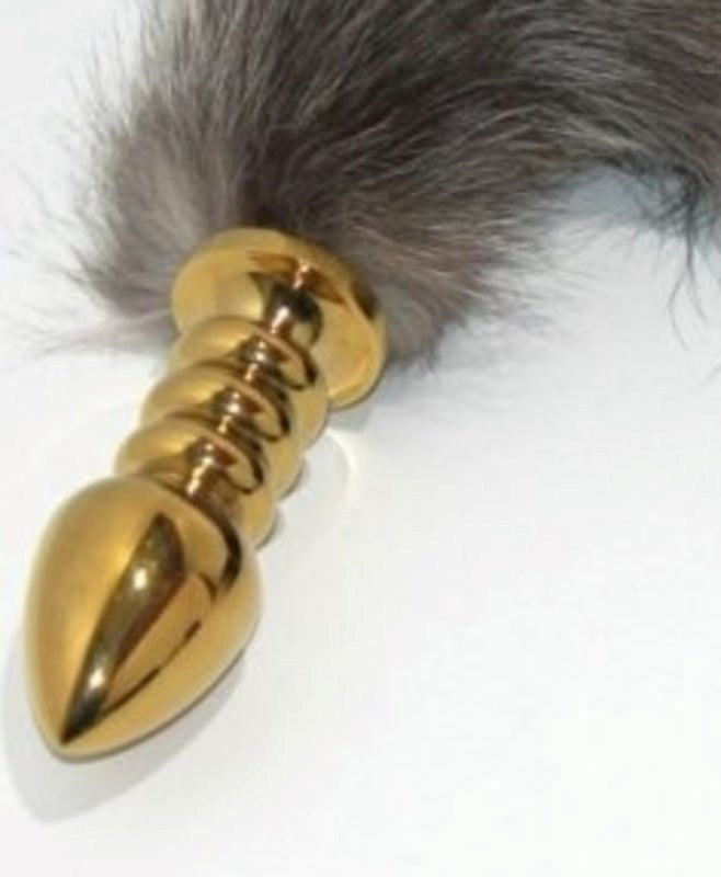 Faux Fox Tail Ribbed Gold Butt Plug Large - - Steel Sex Toys