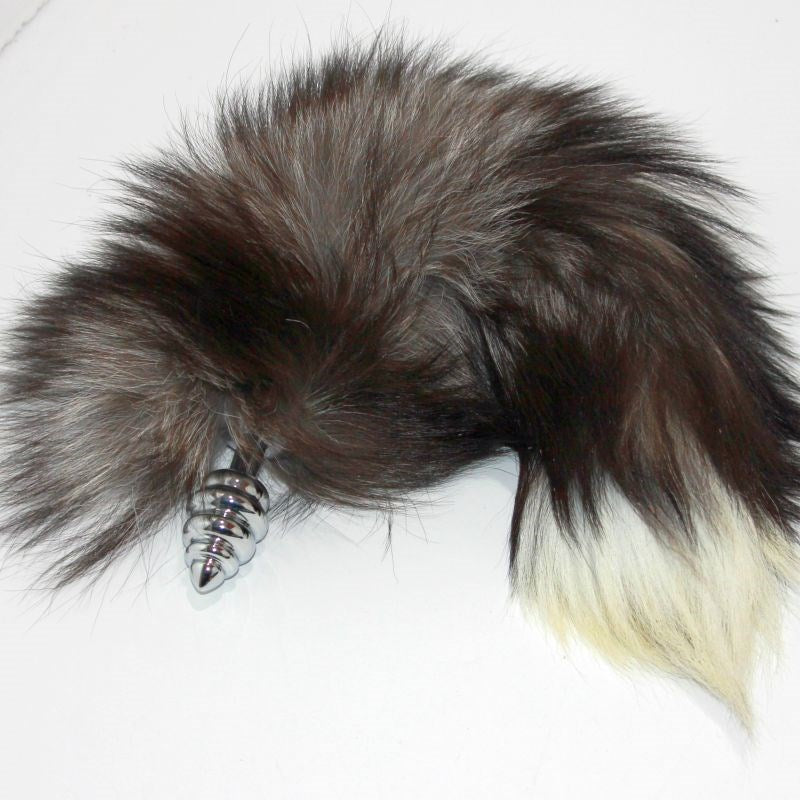 Faux Fox Tail Ribbed Silver Butt Plug - - Steel Sex Toys