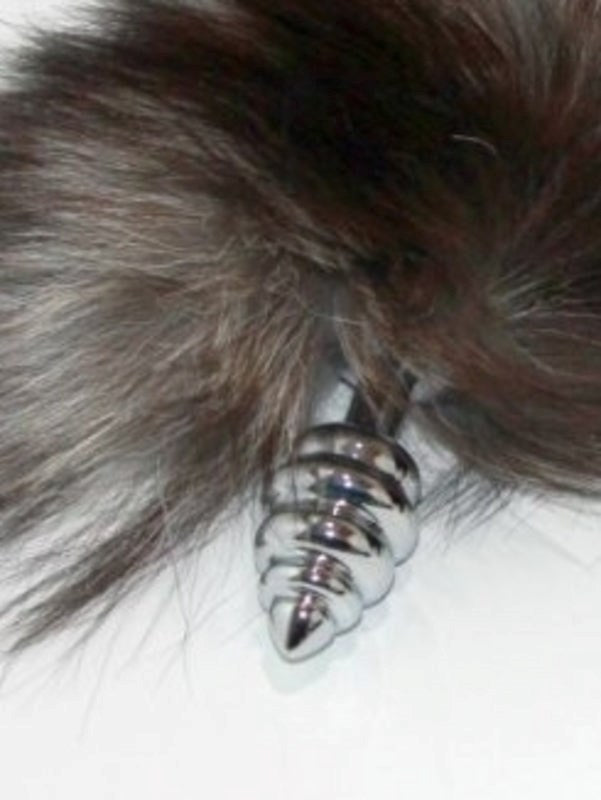 Faux Fox Tail Ribbed Silver Butt Plug - - Steel Sex Toys